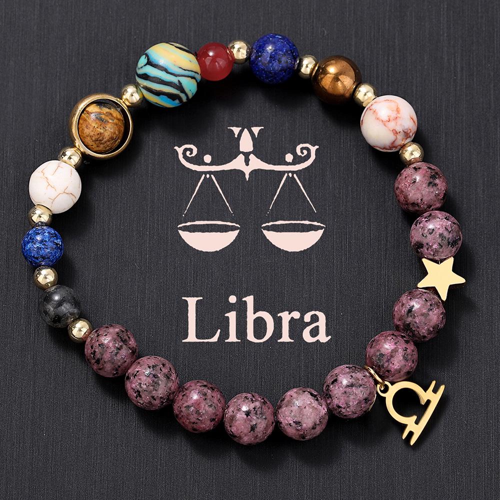 European American Zodiac Basalt Beaded Bracelet with Eight Planets