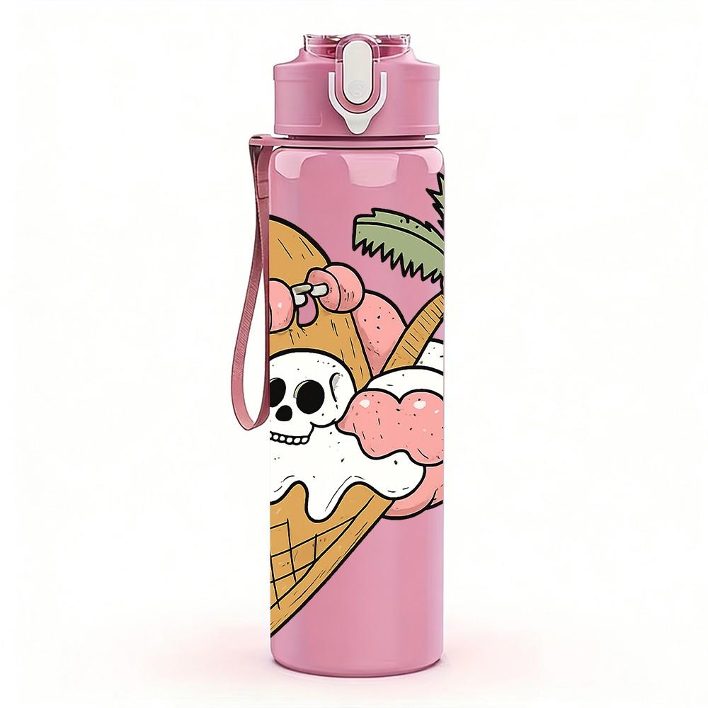 1PC Coconut Ice Cream Print 750ml Color Plastic Sports Water Bottle Leakproof Flip Straw Lid Suitable for Sports Office Home Use