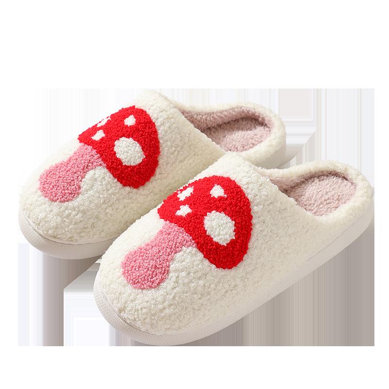 Pantoufles d'hiver pour femmes Smiley Cœur en coton - Intérieur Arc-en-ciel Peluche Design Champignon