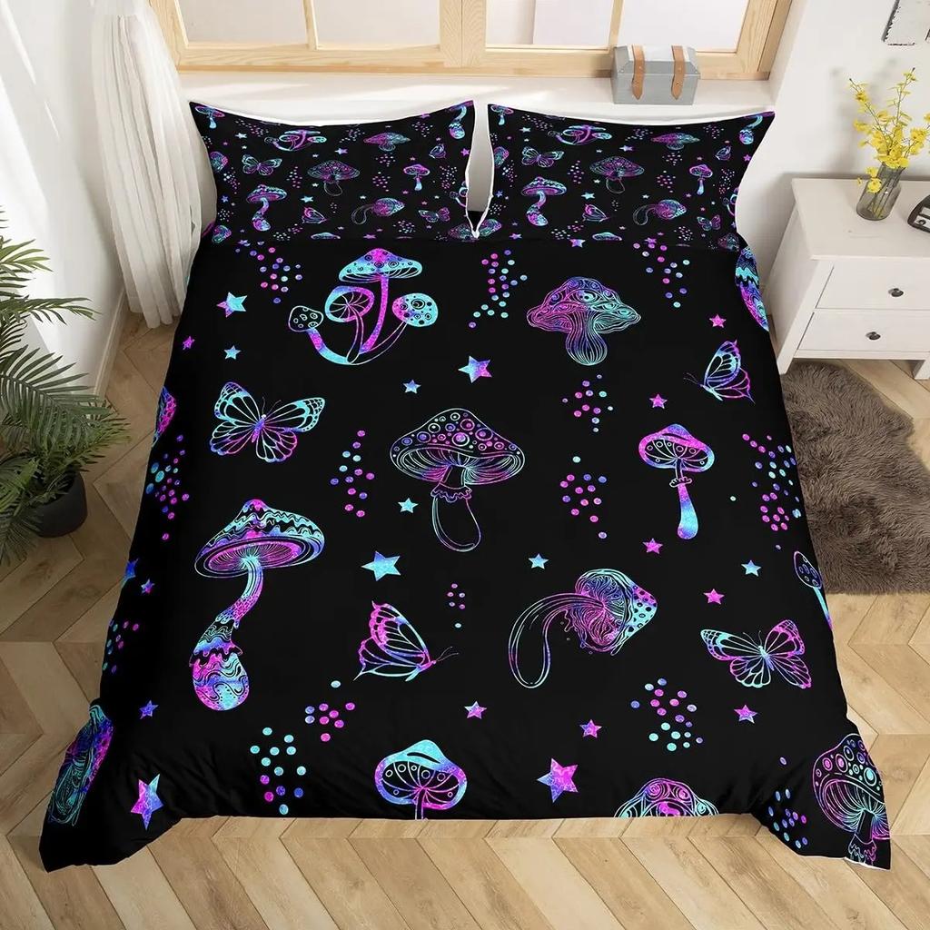 Red Mushroom Kawaii Comforter Set Twin Size Kids Bedding Botanical Plant Print Quilt for Boys Girls Adults