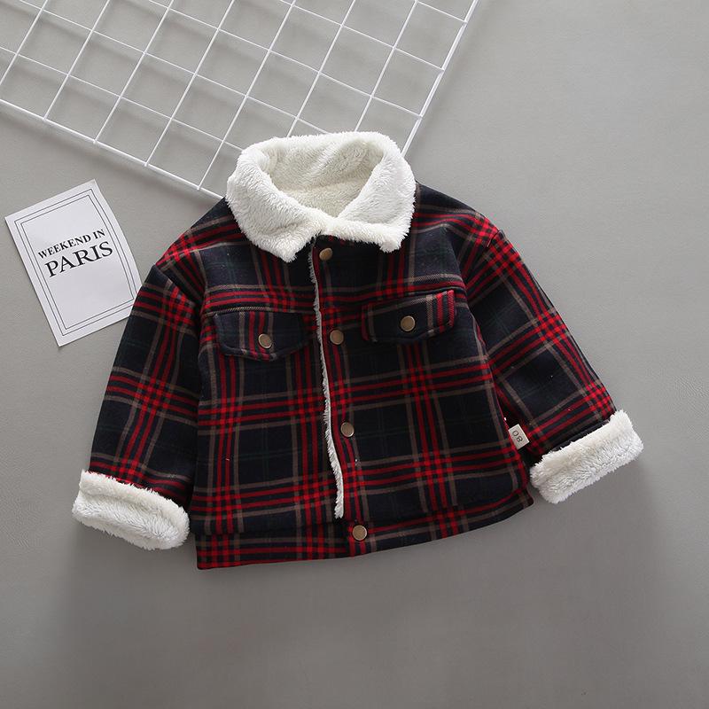 Boys' Fleece-Lined Plaid Cotton Jacket - Korean Style, Single-Breasted, Solid Color