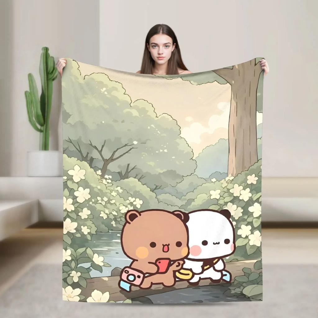 Bubu Dudu Panda Bear Cartoon Flannel Blanket Cute Art Lightweight Throw for Autumn Winter Travel Home Decor