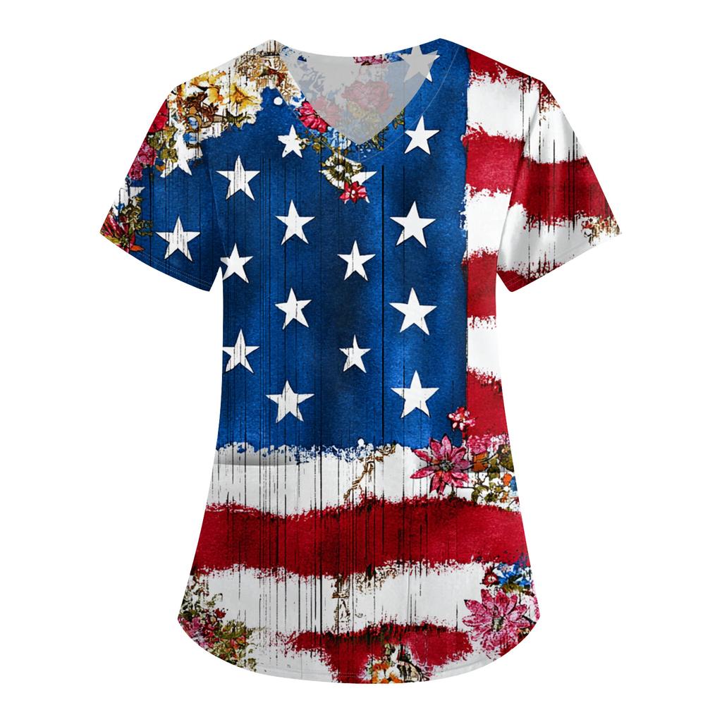 Plus SizePrinted Scrub Working Uniform Tops For Women's Cross V-Neck Print Short Sleeve Fun T-Shirts Tee With Pockets