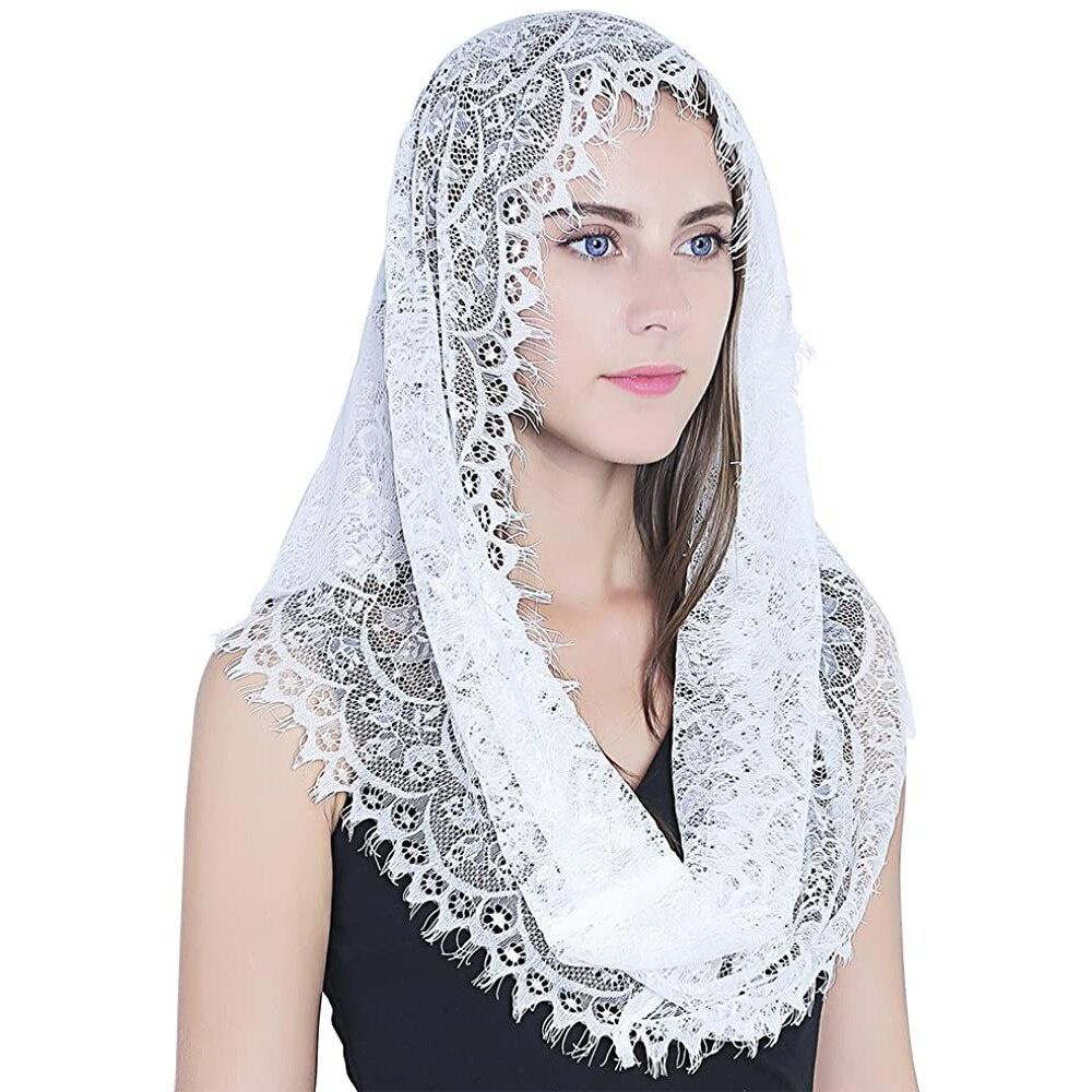 Women Infinity Scarf Lady Mantilla Lace Catholic Veil Elegant Church Veil Head Covering Latin Mass Wedding Bridal Shawl Black
