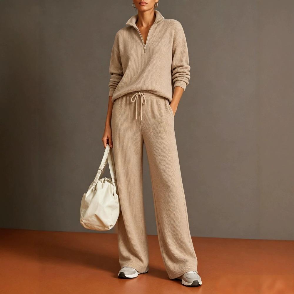 Women's Loose Knit Tracksuit Long Sleeve Half Zip Sweatshirt Drawstring Waist Wide Leg Pants