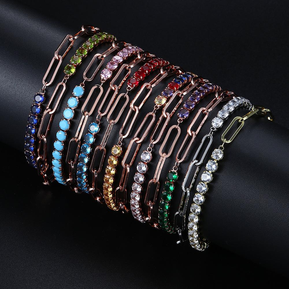 Paper Clip Splicing Tennis Bracelet Women'S Round Zircon 12 Birthstone Jewelry