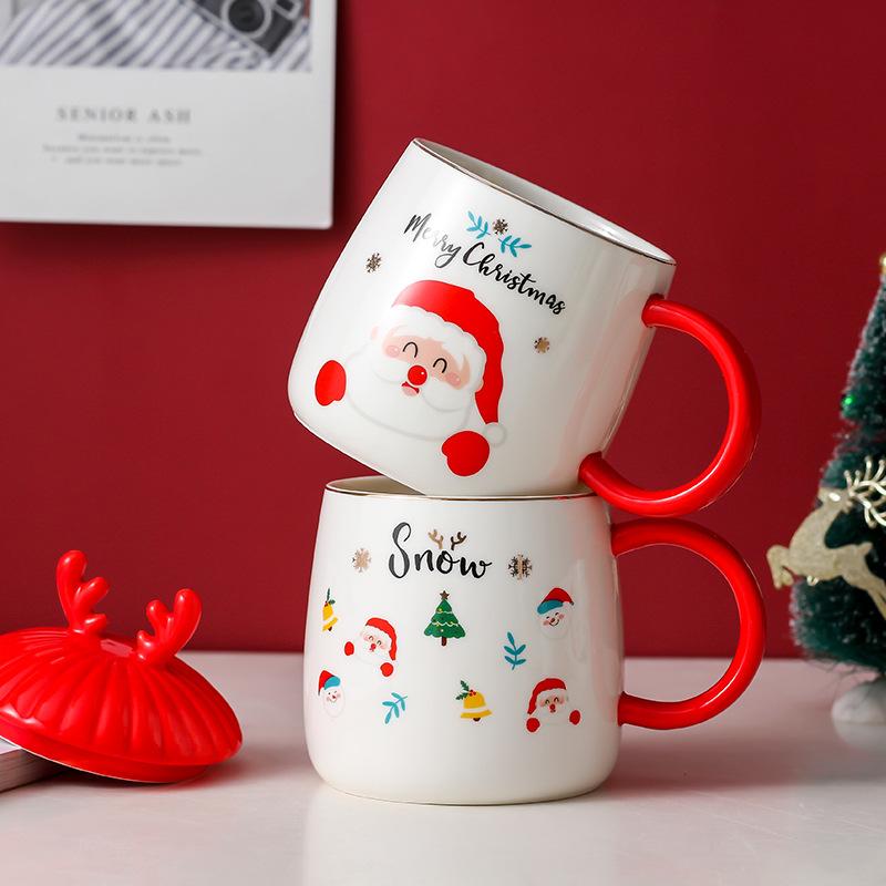 Creative Christmas festive gift-giving mug ceramic cartoon cup Nordic couple water cup coffee cup with lid spoon