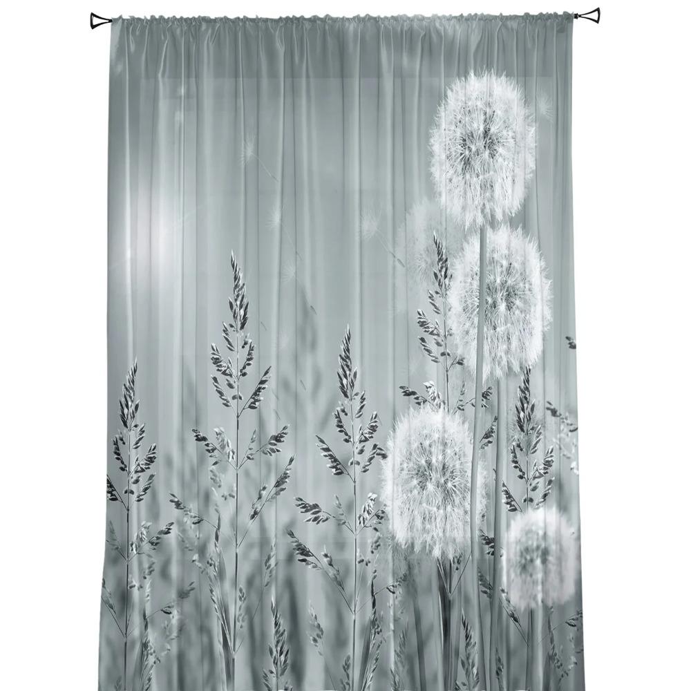 Green Plant Grey Dandelion Soft Tulle Transparent Curtains Perfect for Living Room Decoration Window Panel Curtain Perfect for Bedroom Kitchen Voile
