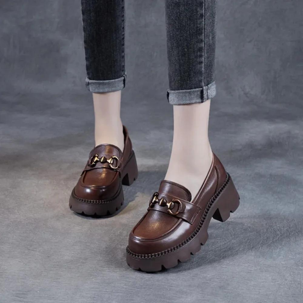 Platform Shoes Spring Summer Genuine Leather Loafers Women'S Metal Buckle Single Shoes Elevated Thick Sole Small Leather Shoes