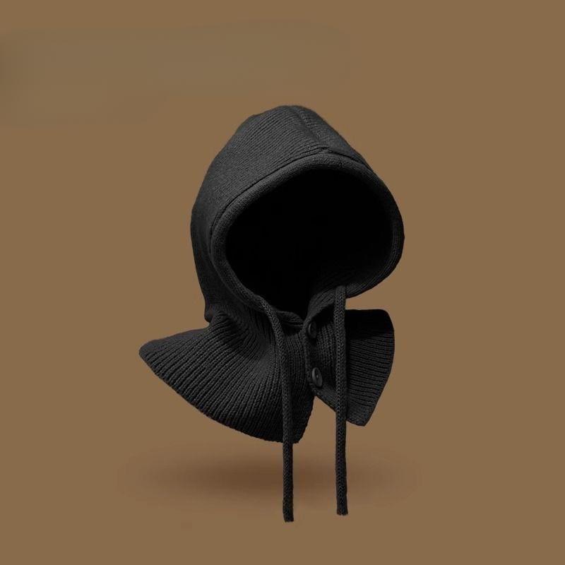 Autumn Winter Warm Neck Protection Knit Balaclava Hat Thickened Ear Protection Wool Hat Drawstring One Piece Scarf Hooded Cap