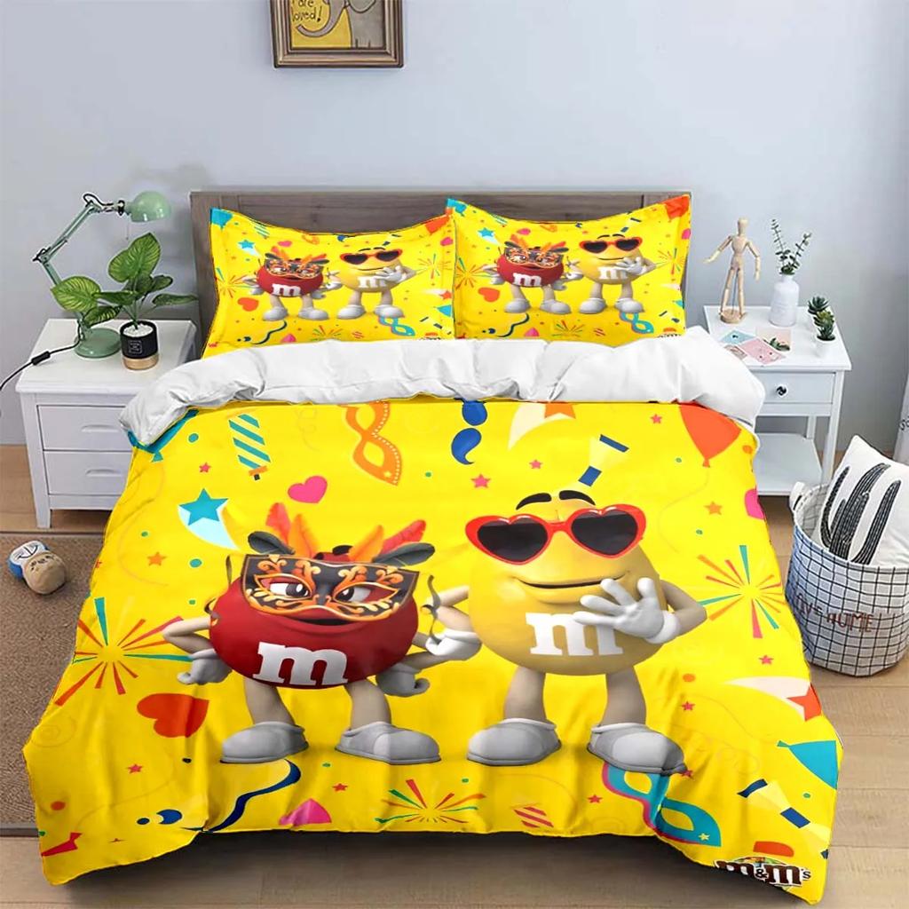 Set di biancheria da letto con stampa del logo del cioccolato M&M alla moda, set di biancheria da letto squisito, set copripiumino, set di piumoni, set di biancheria da letto, regalo per bambini