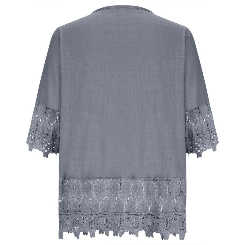Summer Women Casual Solid Shirt Linen Stitching Lace Flower V-neck Loose Blouse Elegant Holiday Shirts