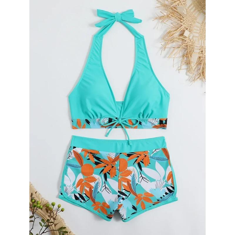 Fashion Printed Swimsuit Women Spliced Lace Up Sporty Surfing Bikini Set Bathing Suit Beachwear Swimwear Female Swimming Suits