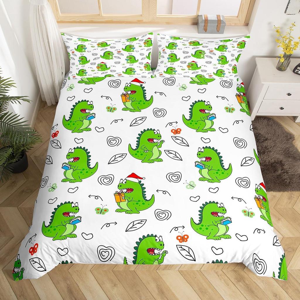 Dinosaur Duvet Cover Set Queen Twin Size,3Pcs Cartoon Dino Print Bedding Set for Kids Boys Room,Soft Microfiber Comforter Cover
