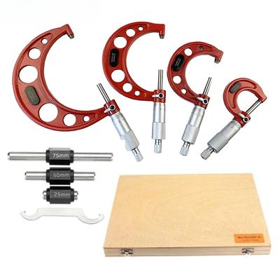 0-25mm-50mm-75mm-100mm Standart Cırcır Stoplu Dış Mikrometre Seti 0-100mm Aralığı 0.01mm Derecelendirme (4 Parça Set)
