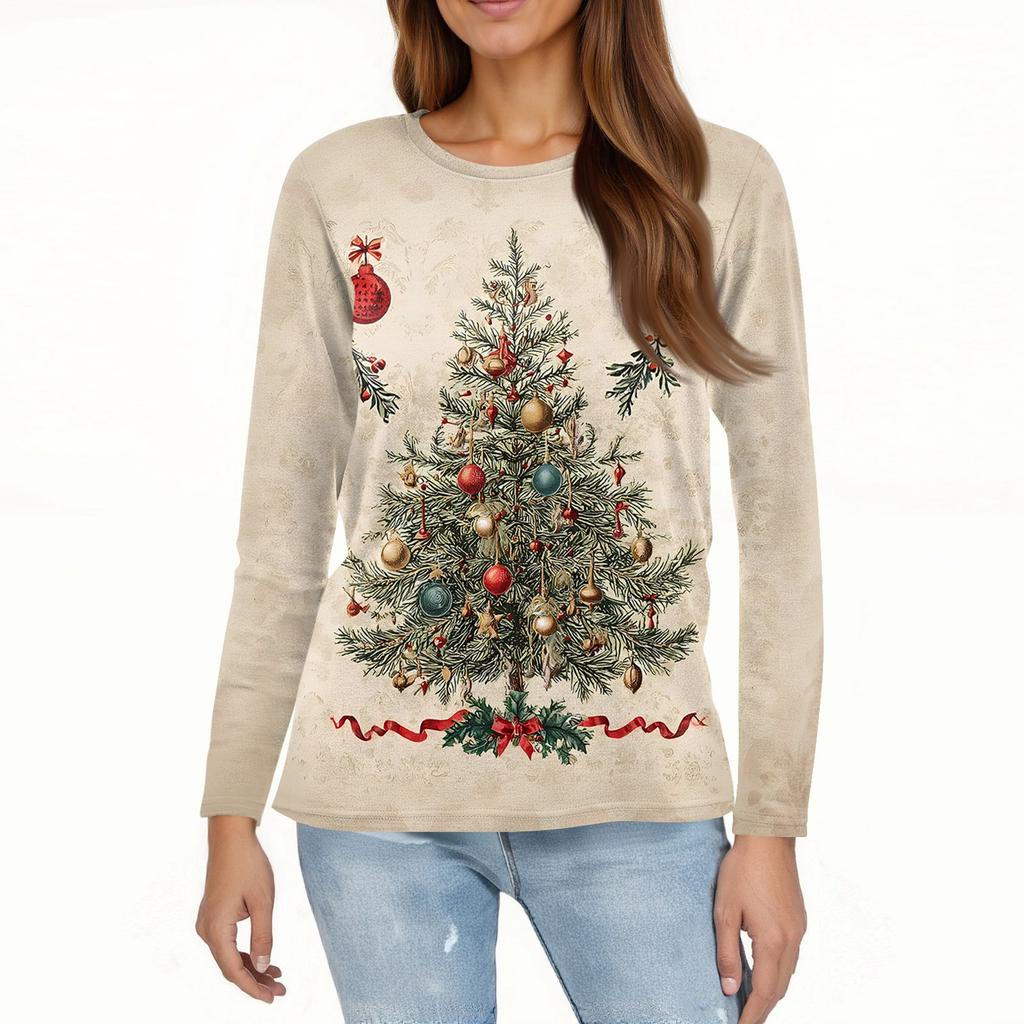 Women's Fashion Casual Christmas Printed Round Neck Long Sleeve Pullover Top