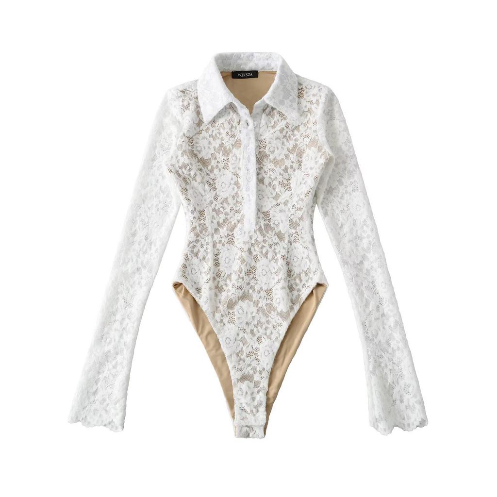 American Spicy Girl Slim-fit Floral Lace Jumpsuit - Embossed Long-Sleeve Lapel (2025)