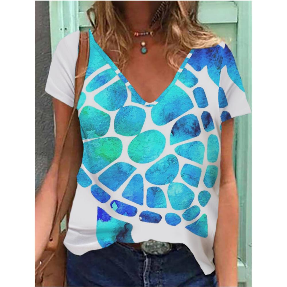 Dam T-shirt Sommar Gradient Grafiskt Tryck Blus V-ringning Mode Dam Retro Kläder Blommig Tryck T-shirt Damkläder