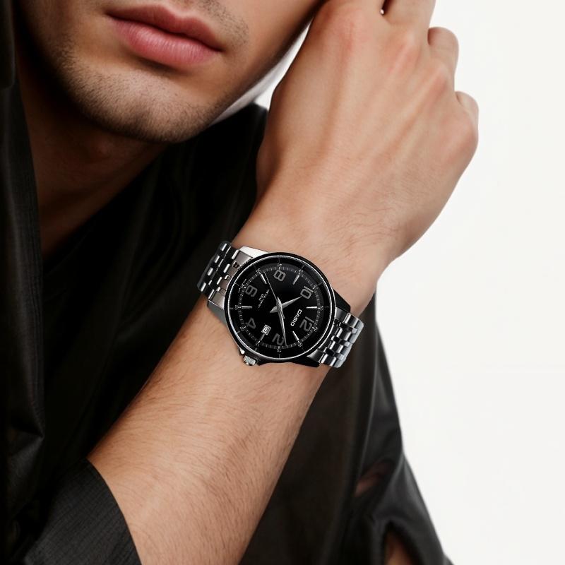Casio 100 Meters Waterproof Fashion Style Quartz Movement Stainless Steel Strap Japanese and Korean Watch Men's Watch Black Dial MTP-1344AD-1A2V