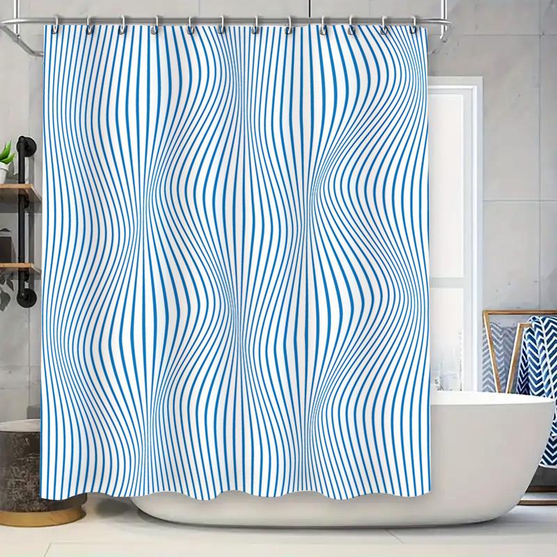 

Blue Striped Shower Curtain Modern Bathroom Decor With Wave Design For Bathtub Cover – Water-Resistant Fabric Bathrooms Accessor W60H190(CM)-1 Pcs