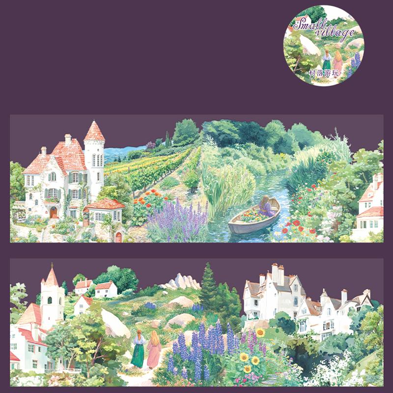 1 Roll/bag Landscape Tape PET Small Village Series House Landscape Hand Account Base Material DIY Decoration Card Gift Sticker