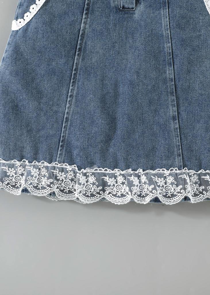Girls Sleeveless Denim Dress with Lace Trim, Button Detail Casual Summer Outfit