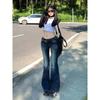 Women's Dark Blue High-Waisted Flared Jeans Slim-Fit Bell-Bottom Denim Pants