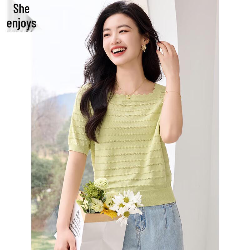 Women s Elegant Crochet Knit Short Sleeve Square Neck Top L
