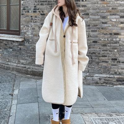Off-white Hooded Lambswool Coat for Women In Autumn and Winter Thickened Korean Style Loose Lazy Mid-length Cotton Plush Coat
