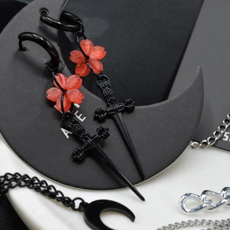 Punk Black Sakura Blade Earrings Gothic Cherry Blossom Sword Pendant Small Hoop Earrings Japanese Jewelry