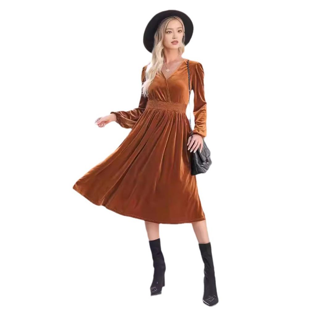 Abito Midi da Donna Monocolore a Maniche Lunghe con Scollo a V e Pieghe in Vita Alta