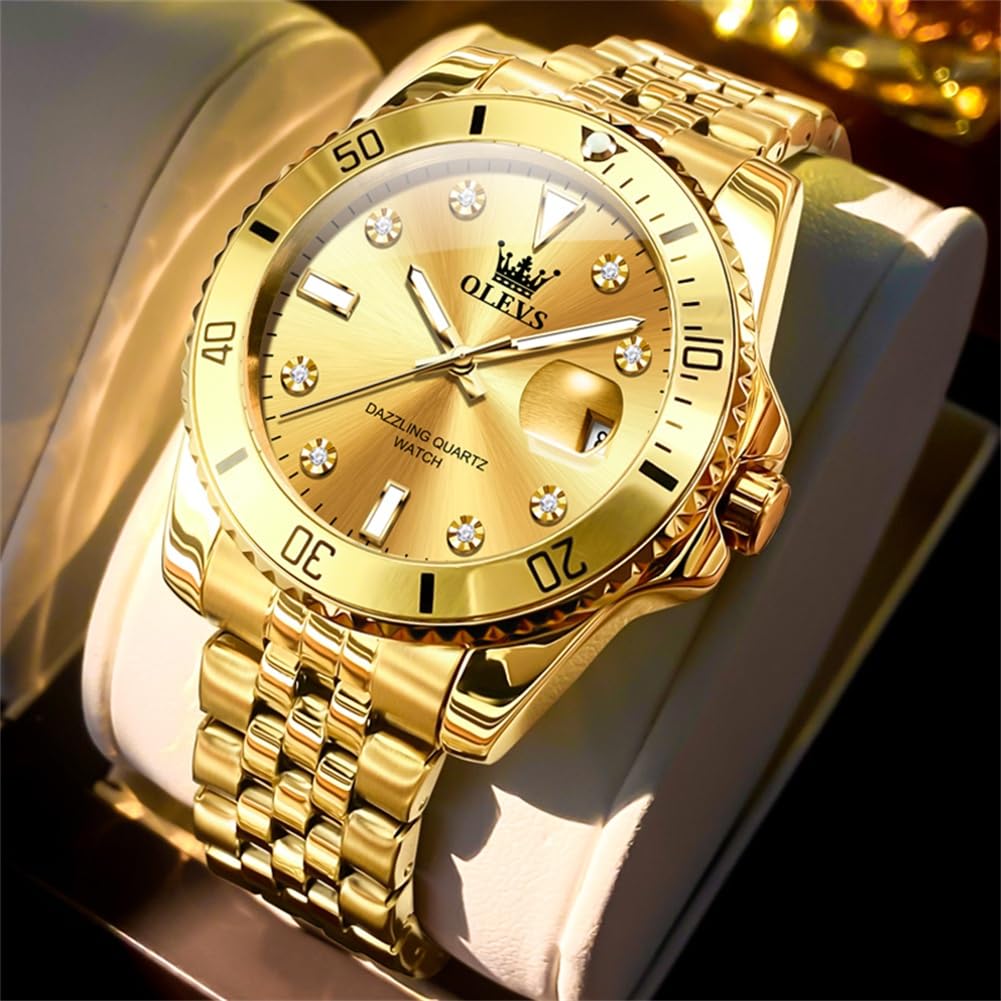 OLEVS Waterproof Quartz Analog Watch with Date Gold Stainless Steel Large Business Simple Stylish Popular Gold Watch for Men's Display, Band, Dial,