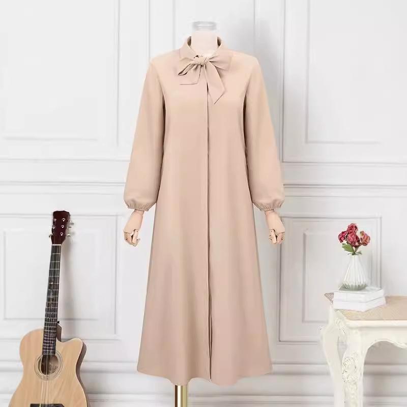Muslim Women's Plus Size Fashion Bow Tie Lapel Solid Color Long Sleeve Shirt Sundress Pocket Loose Long Dress