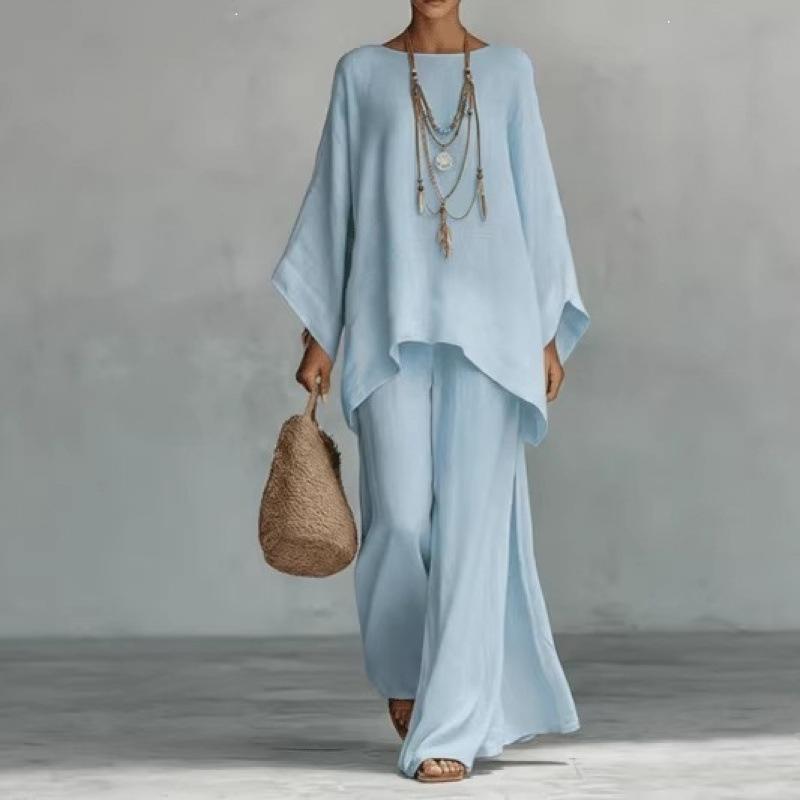 Y116 Summer Loose Bat Sleeve Top Wide Leg Pants Two-piece Women's Clothing European and American Fashion Suit