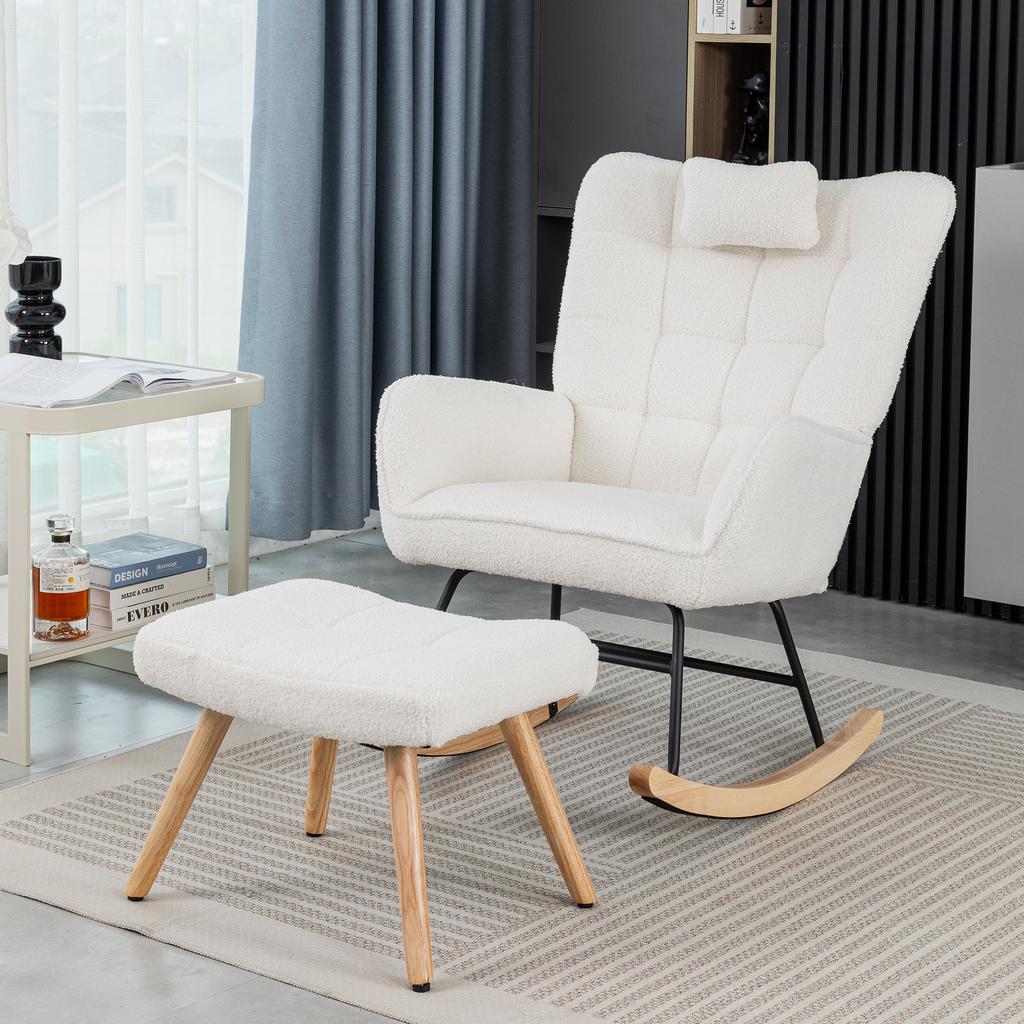Ergonomic 92 cm High White Rocking Chair, Seat Width 65 cm - incl. 1 Pillow and 1 Footstool (49*38*38 cm), Rubberwood Base, Max. Load Capacity 250 lbs
