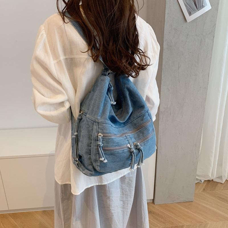 Vintage Denim Tote Bag Multi-Pocket Commuter Shoulder Crossbody Bag