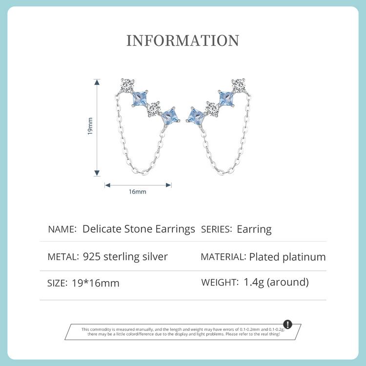 WOSTU 925 Sterling Silver Delicate  Blue and White Square Cubic Zirconia Chain Earrings for Women Jewelry Birthday Gift