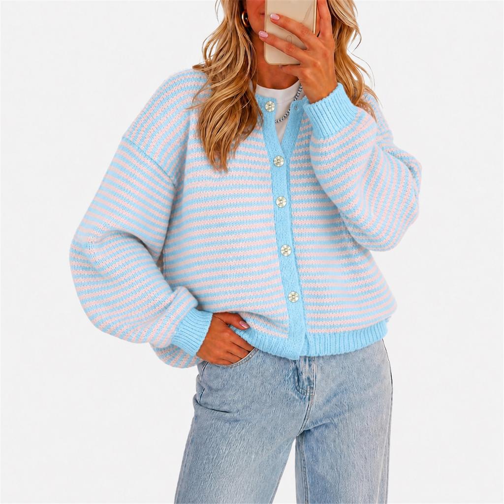 Casual Striped Button Cardigan Knitted Top Sweater