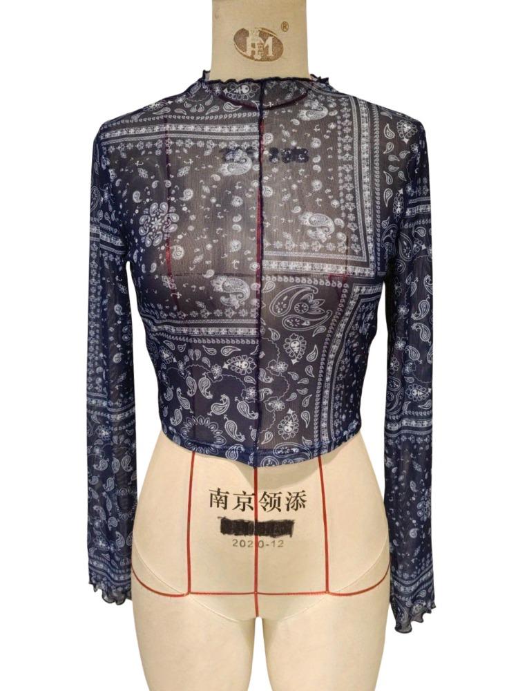 Άνοιξη και Καλοκαίρι Κομψό Γυναικείο Διχτυωτό Μπλουζάκι με Στάμπα Όρθιος Γιακάς Μακρυμάνικο Κοντό Μήκος Τοπ για Γυναίκες Ευέλικτο Μοντέρνο Πουκάμισο