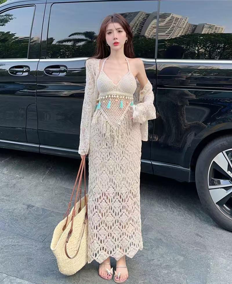 Bohemian Crochet High-Waist Hip-Hugging Midi Skirt for Women