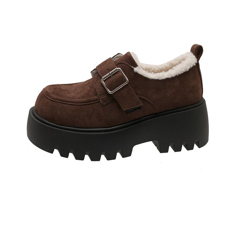 Autumn and winter Maillard thick-soled velvet warm women's small leather shoes lazy cotton shoes women