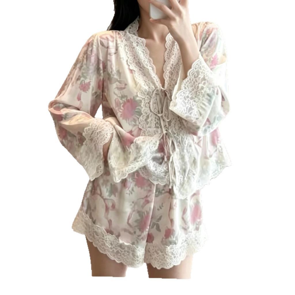 Ice Silk Floral Pajamas Women's Pure Desire Long-sleeved Shorts Are Thin and Can Be Worn Outside French Sweet Lace Edge Loungewear