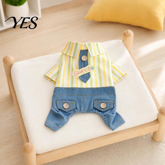 Spring Dog Clothes Striped Shirt Pet Jumpsuit, Four-Legged Clothes, Denim Pants Breathable Jumpsuit Outfit, Stylish Onesie for Small Dogs Active