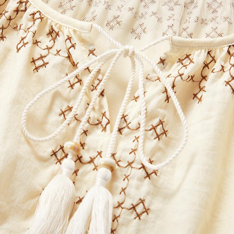 Women's Embroidered Linen Blend Puff Sleeve Top