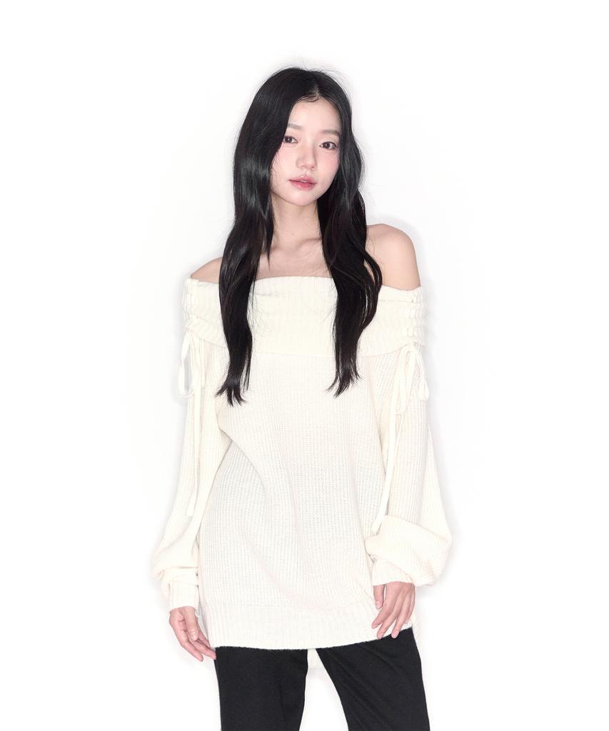 Alkialka Shirring Off-Shoulder Knit (Ivory)