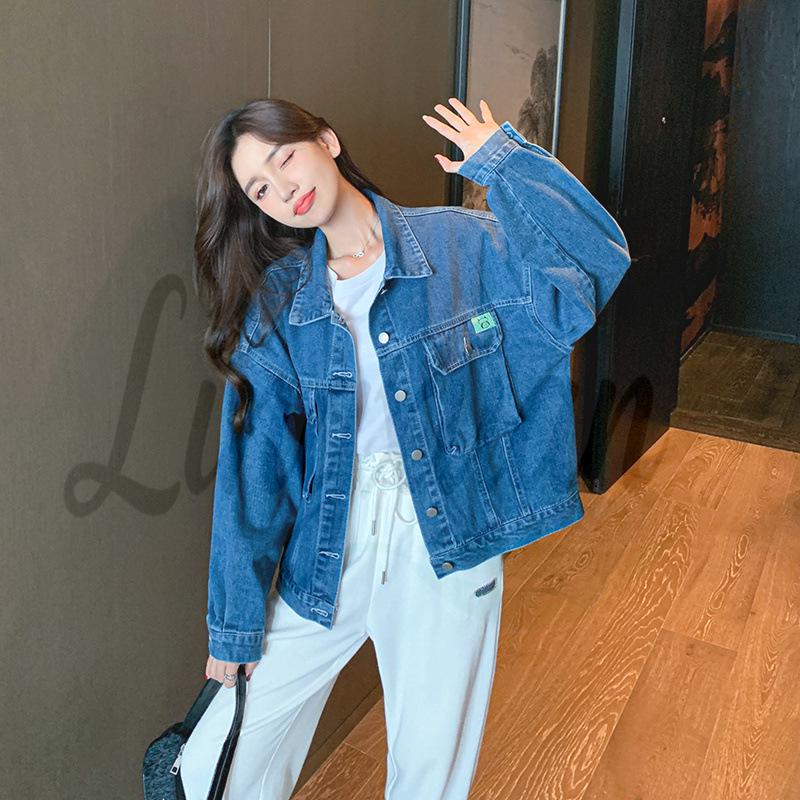 

Korean Style Rivet Design Vintage Denim Layered Loose-Fit Jacket for Women One Size синий