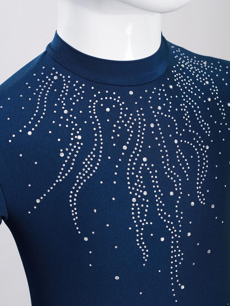 Dětský dívčí lesklý overal s kamínky na gymnastiku, dlouhý rukáv, taneční trikot na balet, krasobruslení, akrobacii, jógu, vystoupení