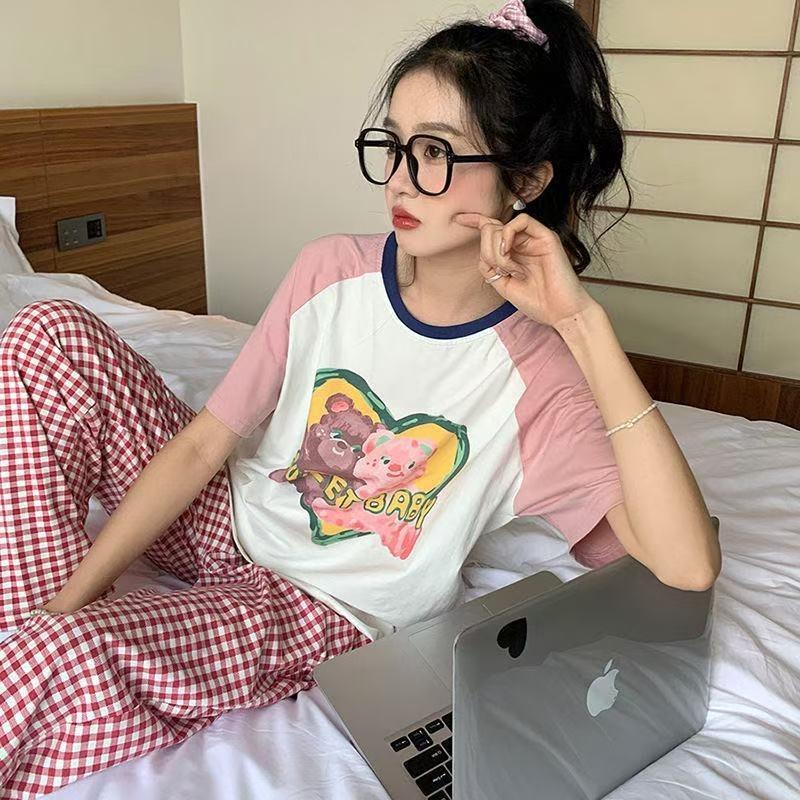 Pajamas women's short-sleeved trousers summer cartoon cute 2 new cartoon spring and summer loungewear suit can be worn outside