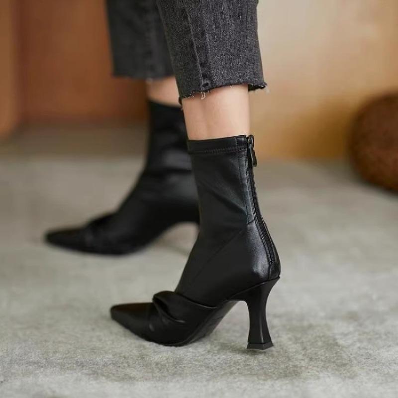 Fashion Temperament High Heel Boots Autumn New Pointed Toe Pleated Anti-Slip Wear-Resistant Rear Zip Booties