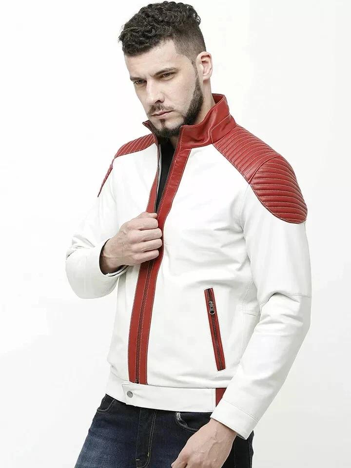 Handmade Men's Red & White New Leather Lambskin Genuine Motorcycle Biker Stylish Jacket